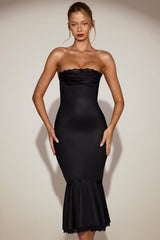 Satin Lace-Trim Bandeau Fluted Midaxi Dress in Black