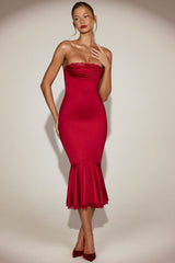 Satin Lace-Trim Bandeau Fluted Midaxi Dress in True Red
