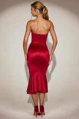 Satin Lace-Trim Bandeau Fluted Midaxi Dress in True Red