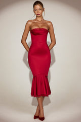 Satin Lace-Trim Bandeau Fluted Midaxi Dress in True Red