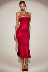 Satin Lace-Trim Bandeau Fluted Midaxi Dress in True Red