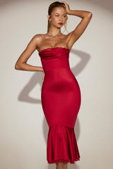 Satin Lace-Trim Bandeau Fluted Midaxi Dress in True Red