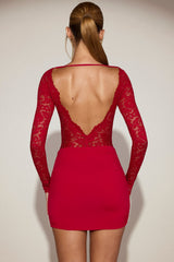 Sheer Lace Boat-Neck Mini Dress in True Red