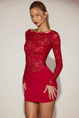 Sheer Lace Boat-Neck Mini Dress in True Red