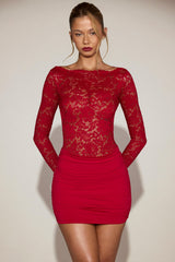 Sheer Lace Boat-Neck Mini Dress in True Red