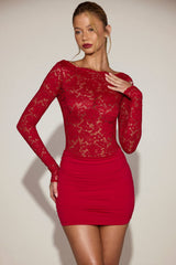Sheer Lace Boat-Neck Mini Dress in True Red