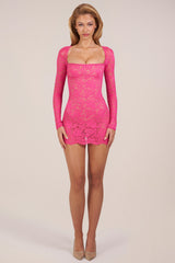 Sheer Scalloped-Lace Long-Sleeve Mini Dress in Hot Pink