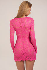 Sheer Scalloped-Lace Long-Sleeve Mini Dress in Hot Pink