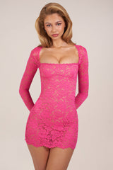 Sheer Scalloped-Lace Long-Sleeve Mini Dress in Hot Pink