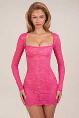 Sheer Scalloped-Lace Long-Sleeve Mini Dress in Hot Pink