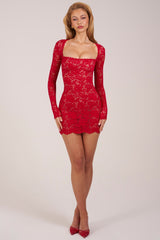 Sheer Scalloped-Lace Long-Sleeve Mini Dress in Rose Red