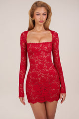 Sheer Scalloped-Lace Long-Sleeve Mini Dress in Rose Red