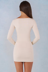 Modal Boat-Neck Draped Long-Sleeve Mini Dress in Ivory