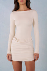 Modal Boat-Neck Draped Long-Sleeve Mini Dress in Ivory
