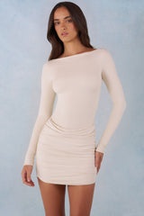 Modal Boat-Neck Draped Long-Sleeve Mini Dress in Ivory