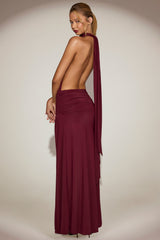 Soft-Jersey Halterneck Backless Maxi Dress in Wine Red