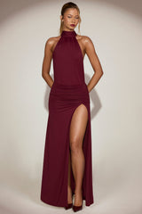Soft-Jersey Halterneck Backless Maxi Dress in Wine Red