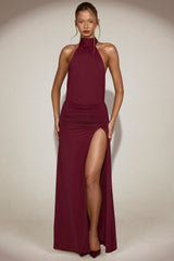 Soft-Jersey Halterneck Backless Maxi Dress in Wine Red