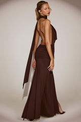 Soft-Jersey Plunge Halterneck Maxi Dress in Chocolate Brown