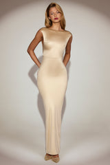 Satin Boat-Neck Twist-Back Maxi Dress in Champagne