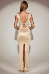 Satin Boat-Neck Twist-Back Maxi Dress in Champagne