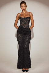 Sheer Lace Square-Neck Ruched Gown in Black