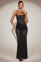 Sheer Lace Square-Neck Ruched Gown in Black