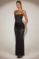 Sheer Lace Square-Neck Ruched Gown in Black