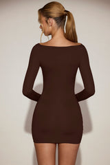 Soft-Jersey Boat-Neck Draped Mini Dress in Chocolate Brown