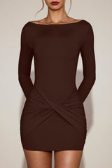 Soft-Jersey Boat-Neck Draped Mini Dress in Chocolate Brown
