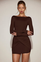 Soft-Jersey Boat-Neck Draped Mini Dress in Chocolate Brown