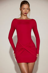 Soft-Jersey Boat-Neck Draped Mini Dress in True Red