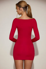 Soft-Jersey Boat-Neck Draped Mini Dress in True Red