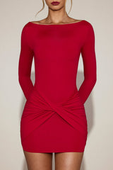 Soft-Jersey Boat-Neck Draped Mini Dress in True Red