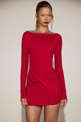 Soft-Jersey Boat-Neck Draped Mini Dress in True Red