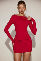 Soft-Jersey Boat-Neck Draped Mini Dress in True Red