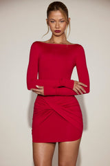 Soft-Jersey Boat-Neck Draped Mini Dress in True Red