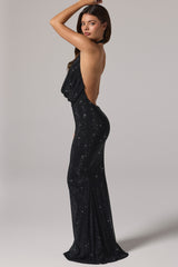 Embellished Cowl-Neck Backless Gown in Black