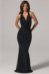 Embellished Cowl-Neck Backless Gown in Black