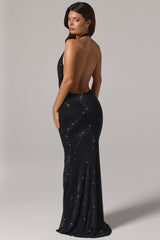 Embellished Cowl-Neck Backless Gown in Black