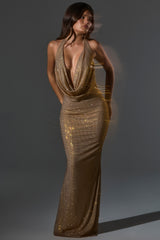 Embellished Cowl-Neck Backless Gown in Gold