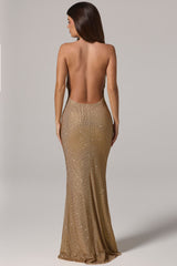 Embellished Cowl-Neck Backless Gown in Gold