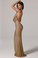 Embellished Cowl-Neck Backless Gown in Gold