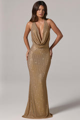 Embellished Cowl-Neck Backless Gown in Gold