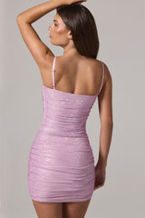 Embellished Peekaboo Ruched Mini Dress in Pink