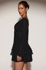 Chiffon Embellished Corset A-line Mini Dress in Black