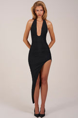 Halterneck Split Hem Midaxi Dress in Black