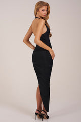 Halterneck Split Hem Midaxi Dress in Black