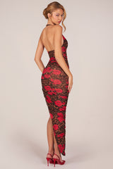 Halterneck Split Hem Midaxi Dress in Rose Leopard Print