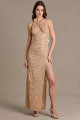 Premium Embellished Asymmetric One-Shoulder Maxi Dress in Beige Gold